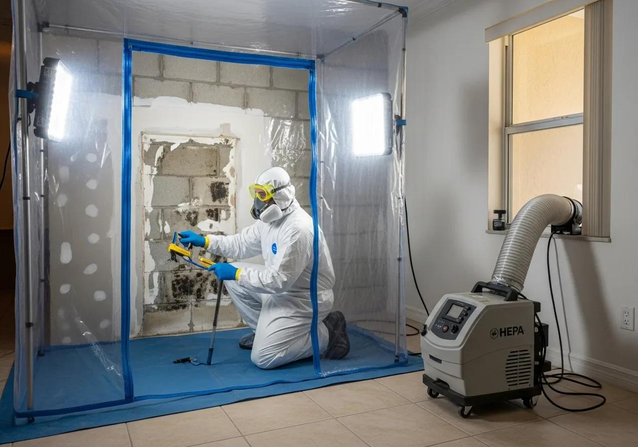 Technician in protective gear working inside plastic containment