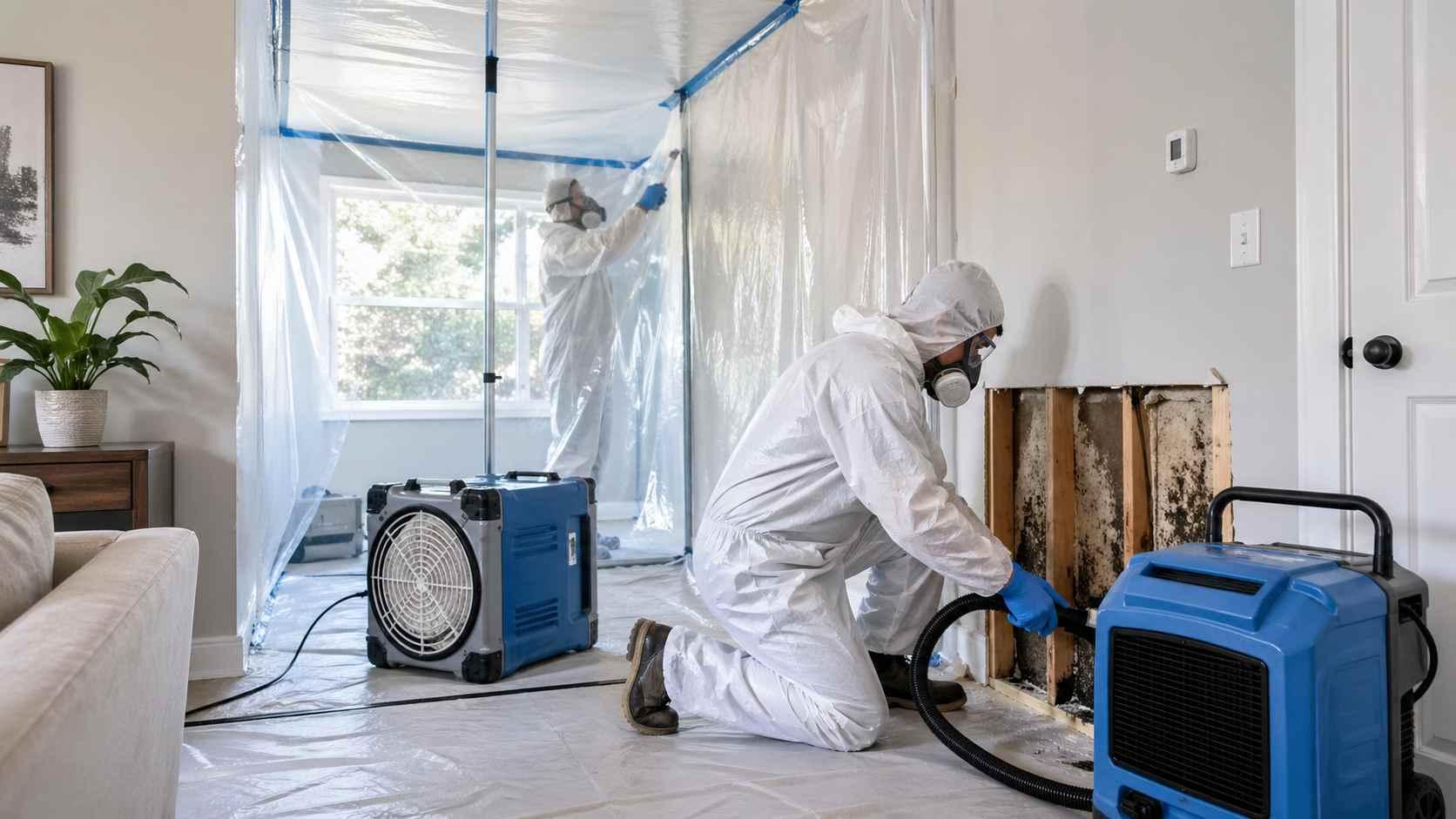 Illustrative image: remediation technician in protective suit and respirator removing mould-affected wall lining inside plastic containment