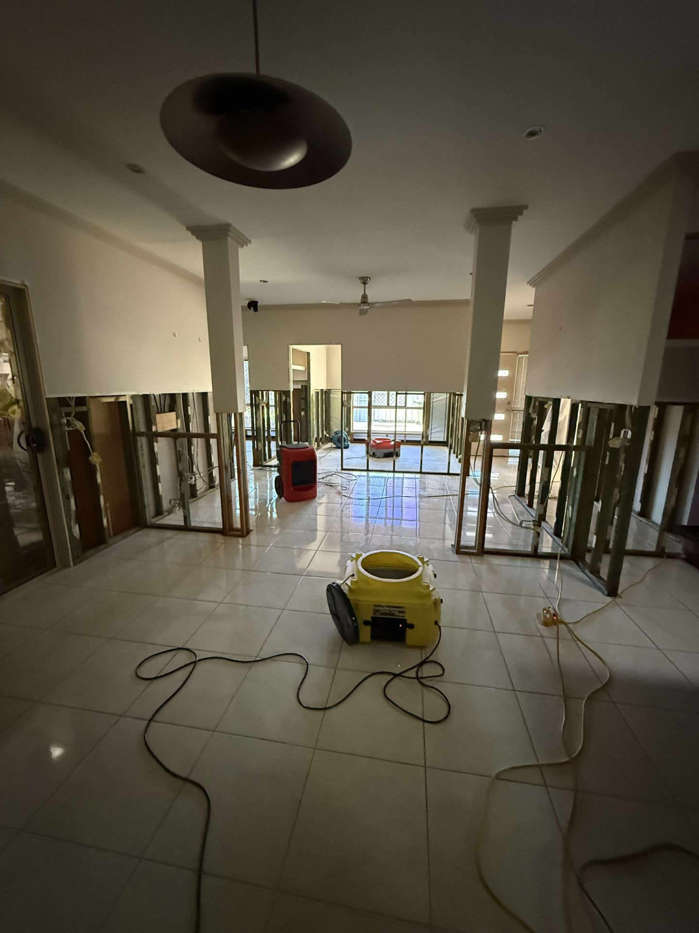 Large open-plan structural drying — mould remediation and strip-out Sunshine Coast for homeowners, insurance builders and insurers