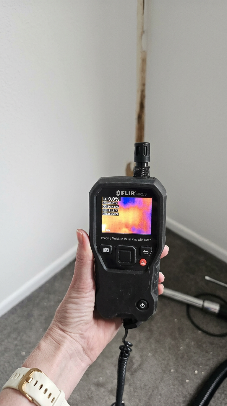 Moisture meter reading recorded for insurer claim reporting, Brisbane mould remediation